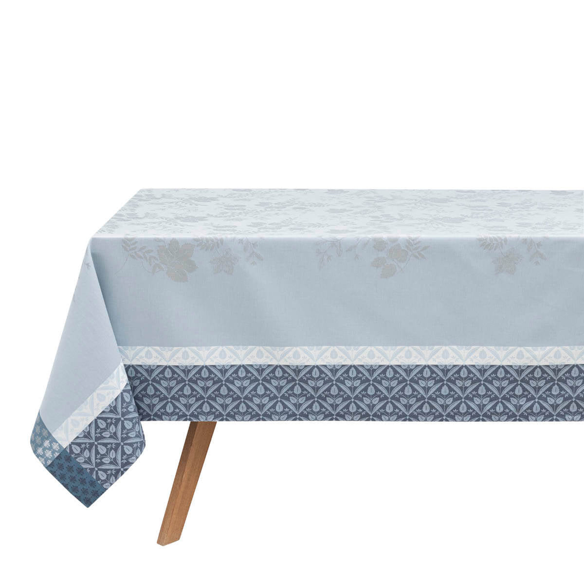 Le Jacquard Français Manor Lane tablecloth in Blue, showing full drape with tile-motif border trim.