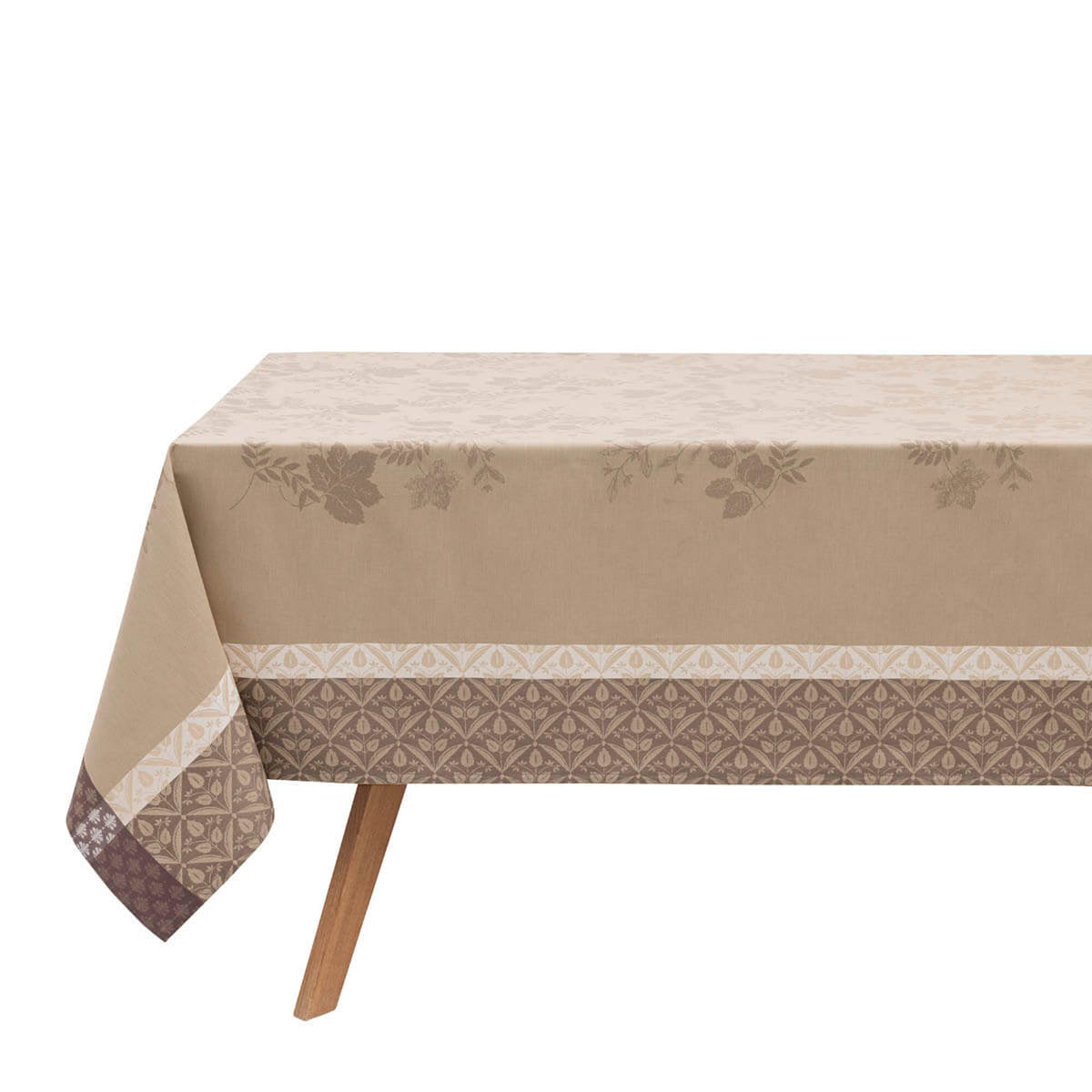 Le Jacquard Français Manor Lane tablecloth in Beige with woven floral and geometric border trim.