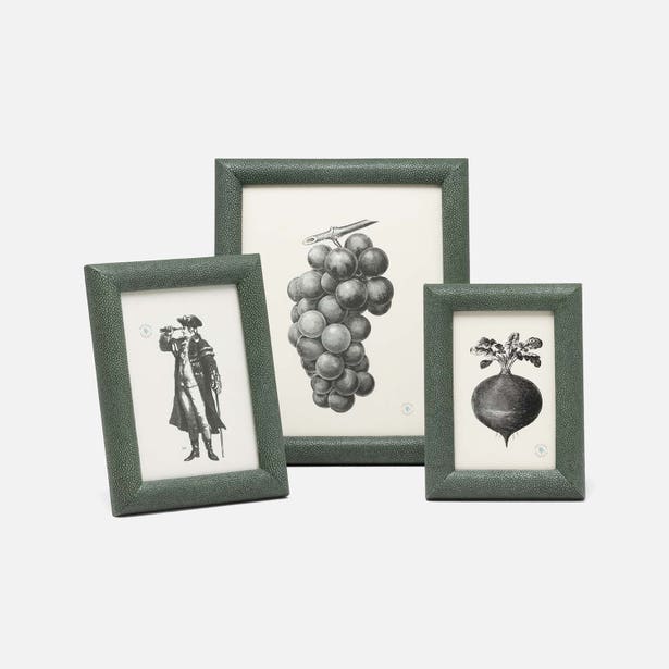 Pigeon & Poodle Oxford frames in sage green shagreen, set of three sizes with botanical prints.