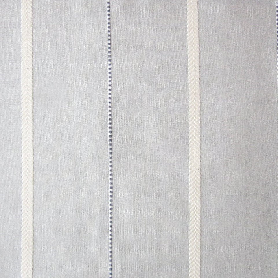 Close-up of Home Treasures Oxford fabric in silver with ivory braided and dotted stripe detail.