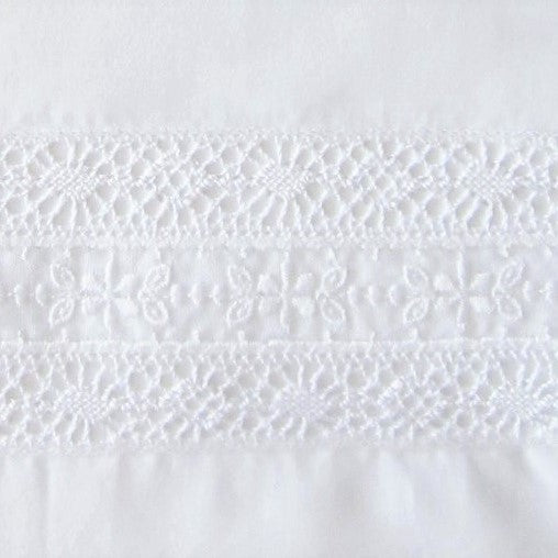 Close-up of white floral lace trim detailing on Home Treasures Pamela fingertip towel.