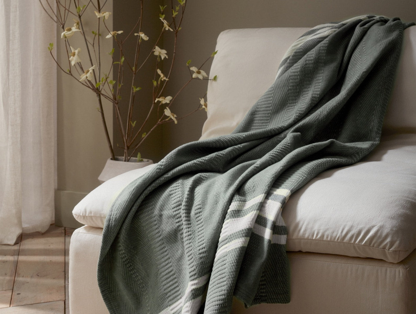 Olive green throw with ivory stripe detail draped over a cream chair beside flowering branches.
