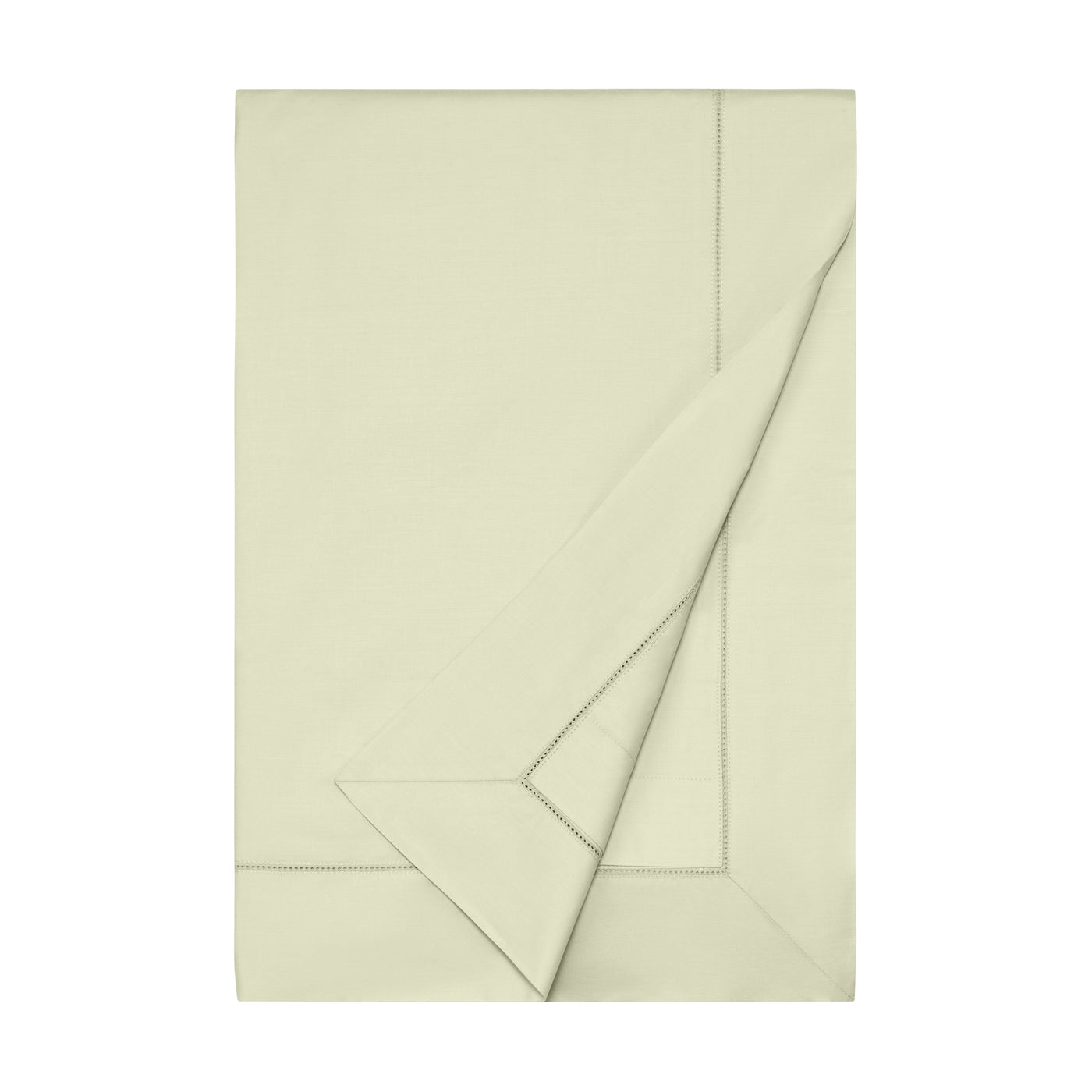 Folded ivory sateen fabric with delicate hemstitch border detail visible at corner.