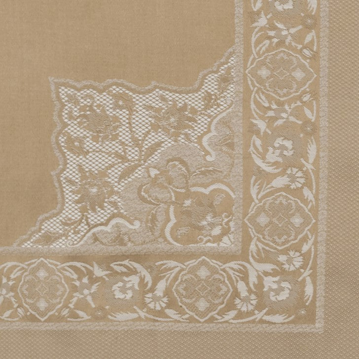 Close-up of champagne jacquard corner detail with intricate floral and lace-inspired woven pattern.