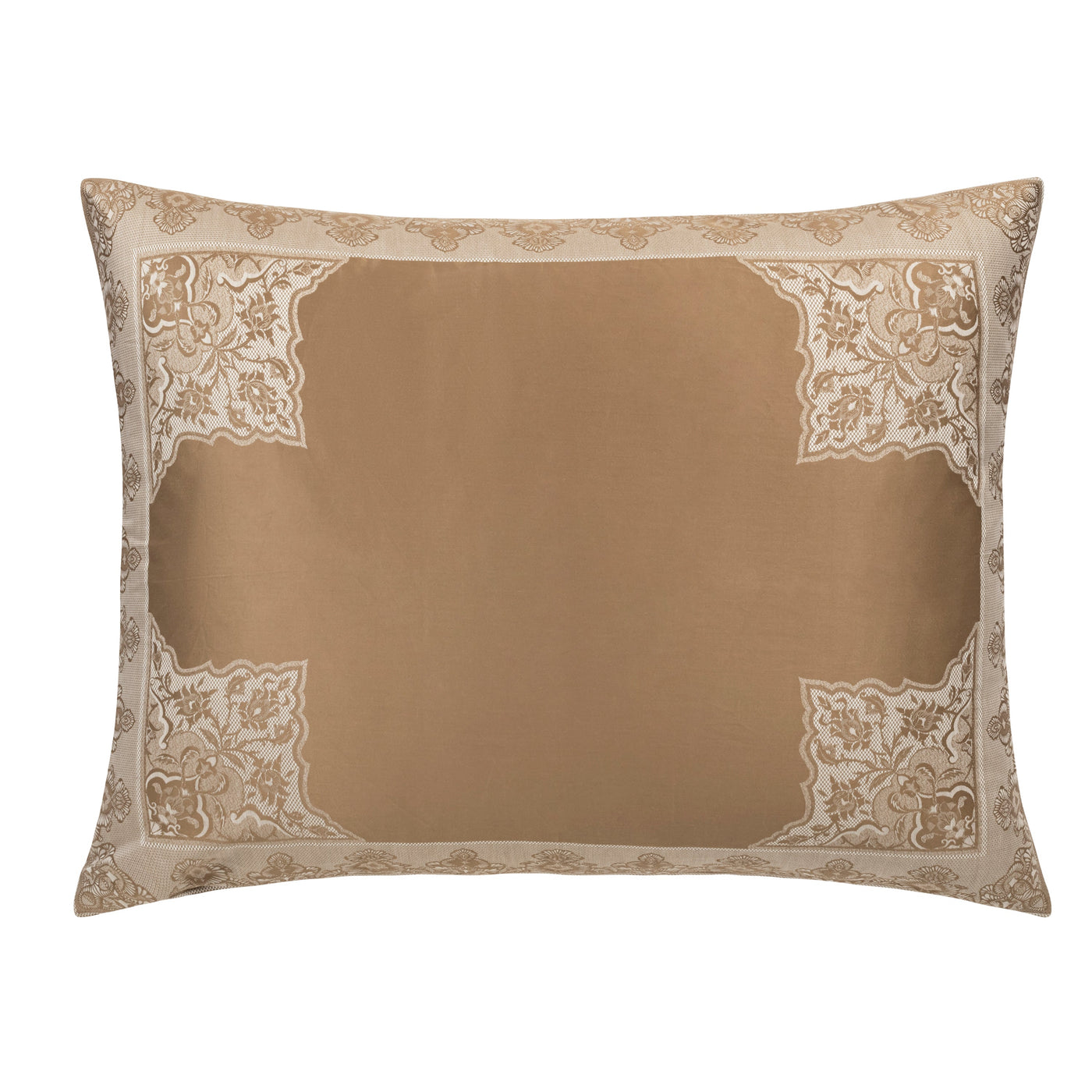 Champagne silk sham with ornate embroidered corner medallions in gold and ivory.