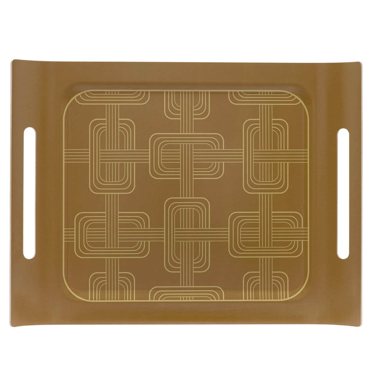 Le Jacquard Français Hôtel Particulier tray in Brown with geometric interlocking pattern and cutout handles.