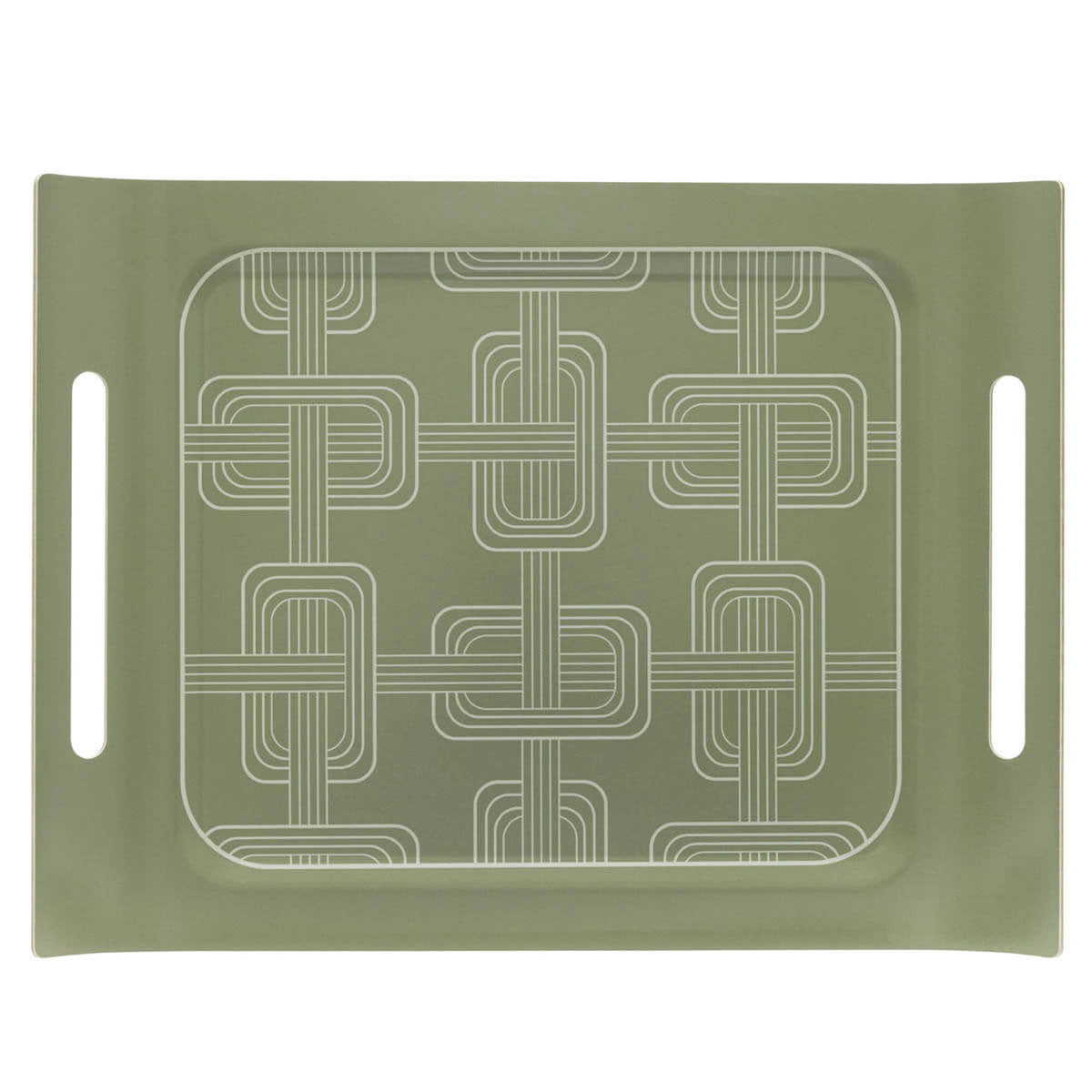Le Jacquard Français Hôtel Particulier tray in Green, overhead view showing geometric link pattern.