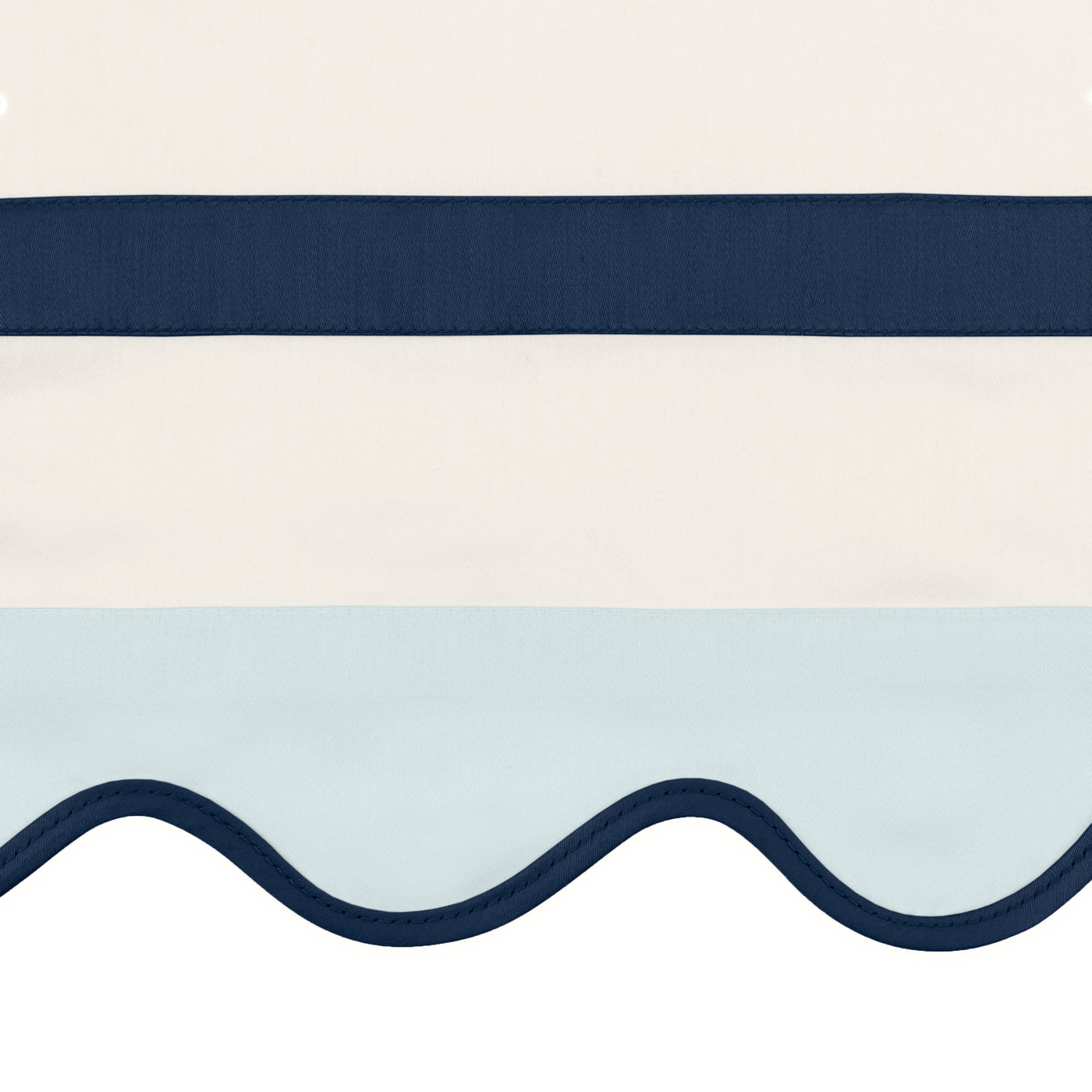 Close-up of scalloped navy piped edge on ivory and sky blue linen pillowcase.