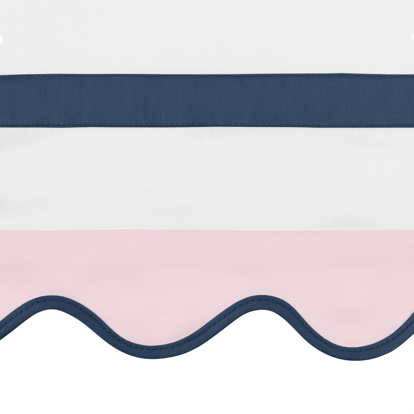 Close-up of navy stripe border and blush scalloped hem with navy picot trim.