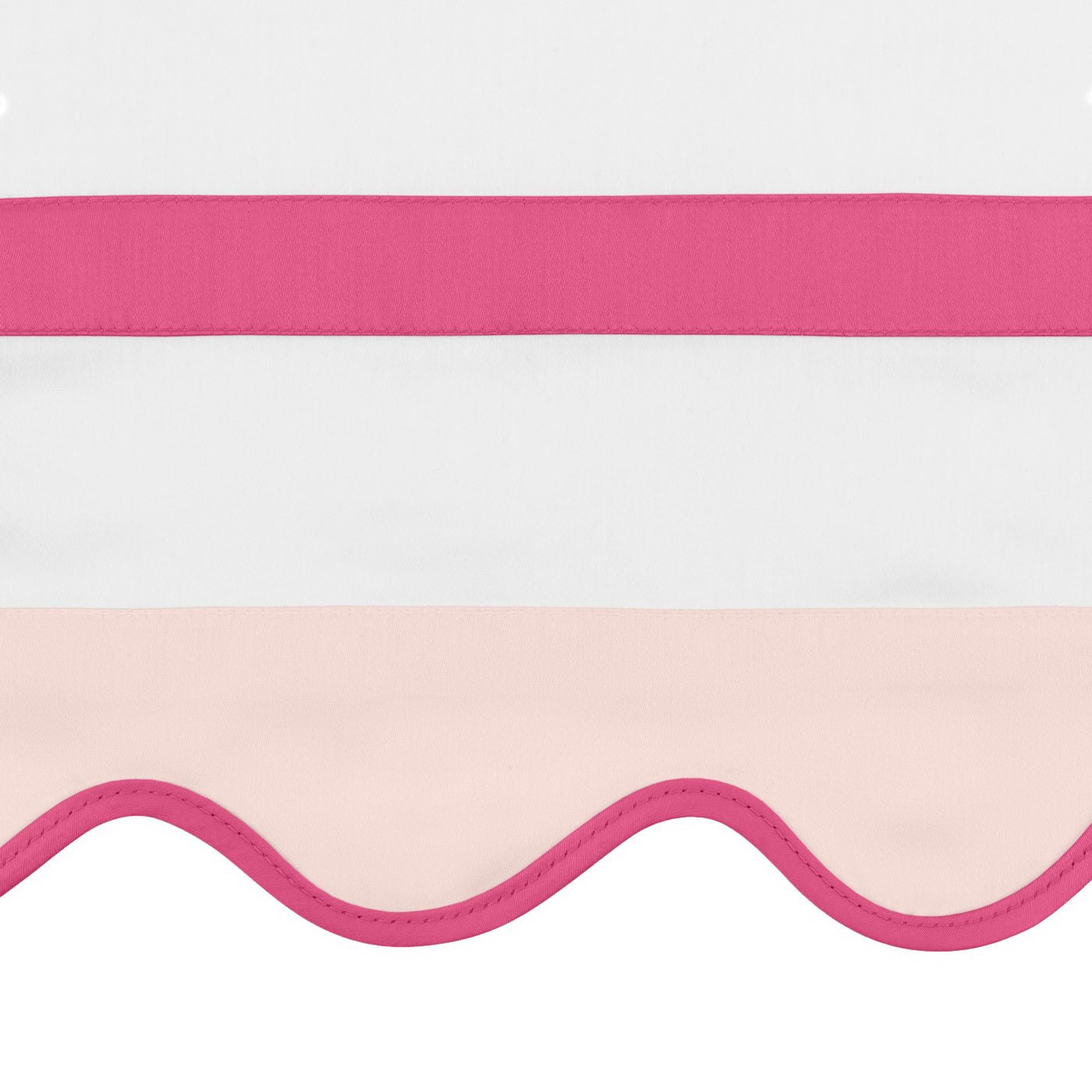 Close-up of scalloped blush hem with fuchsia trim and wide fuchsia border stripe on white linen.