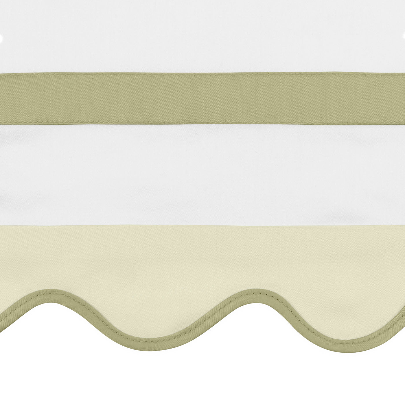 Close-up of sage scalloped border and flat trim band on ivory cotton pillow sham.