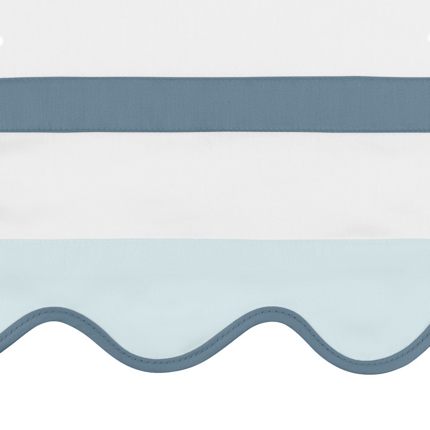 Close-up of scalloped edge with slate blue trim on white and sky blue striped linen sham.