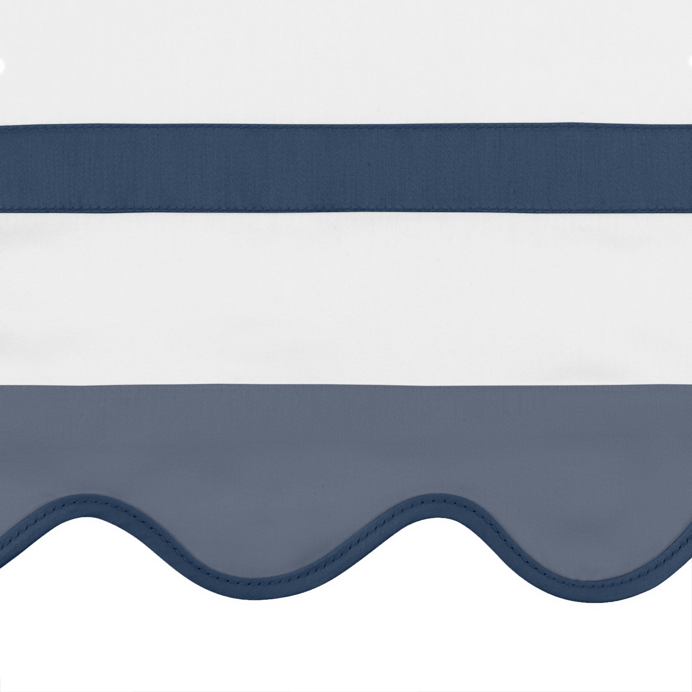 Close-up of navy and white stripe with scalloped navy-piped hem detail.