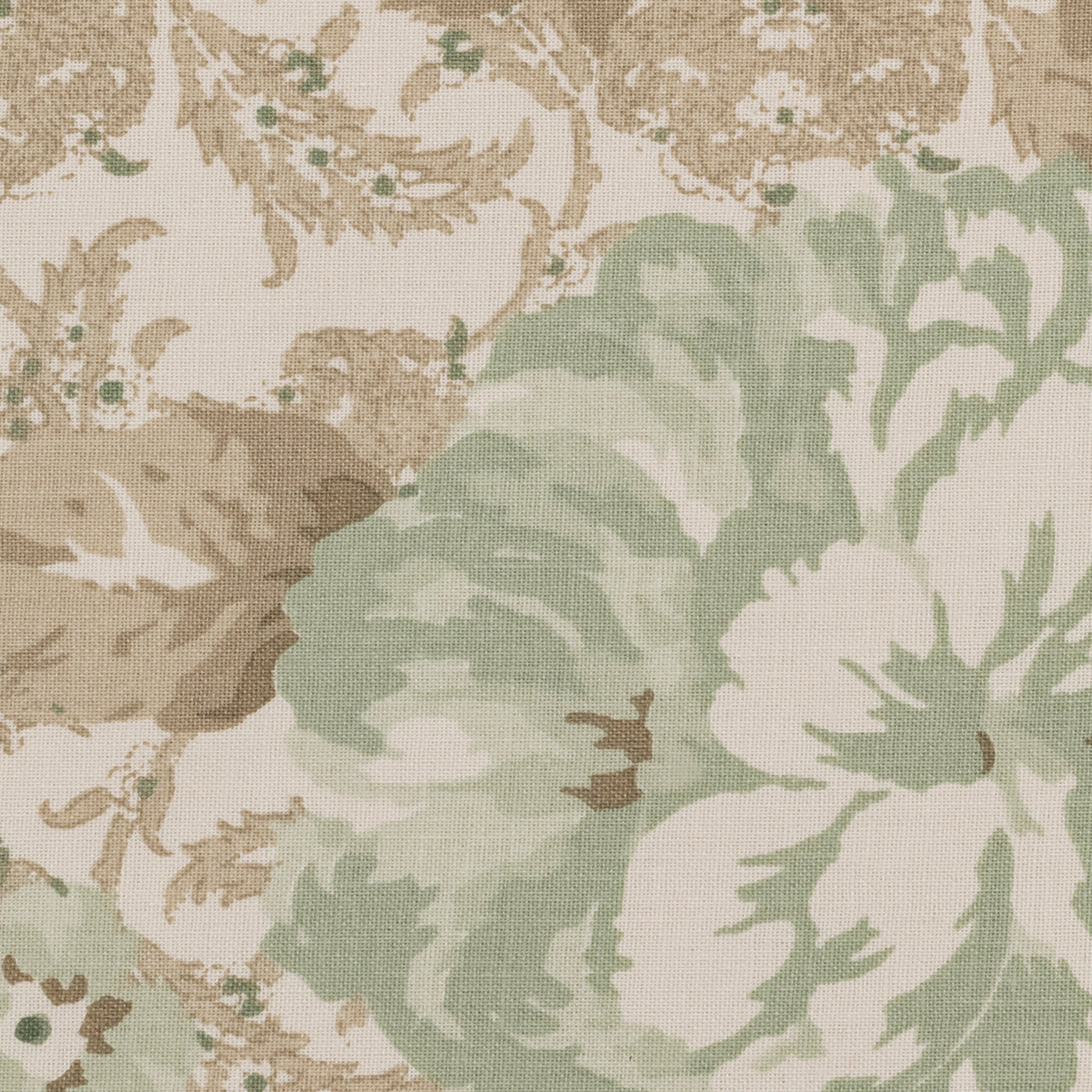 Close-up of Home Treasures Primavera linen in sage and taupe floral print on ivory.