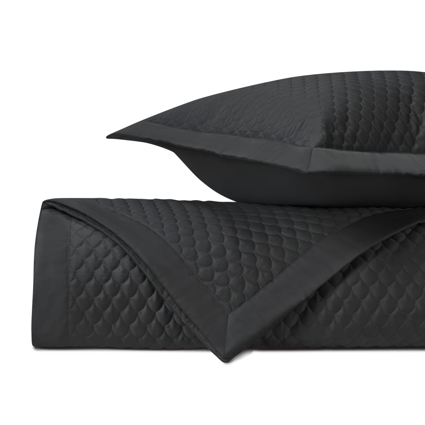 Close-up of Home Treasures Raindrop quilted texture in black with satin border trim.