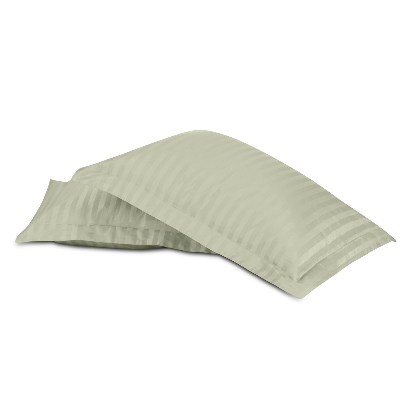 Sage green cotton sateen pillowcases with tonal satin stripe weave, set of two.