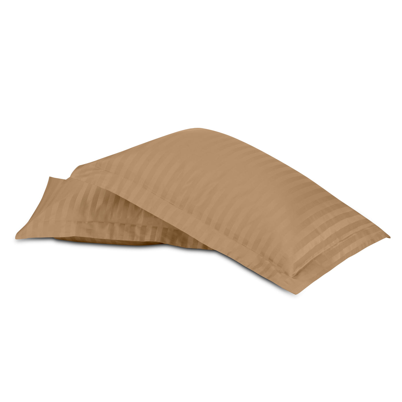 Regal camel damask stripe pillowcase pair, angled stack view.