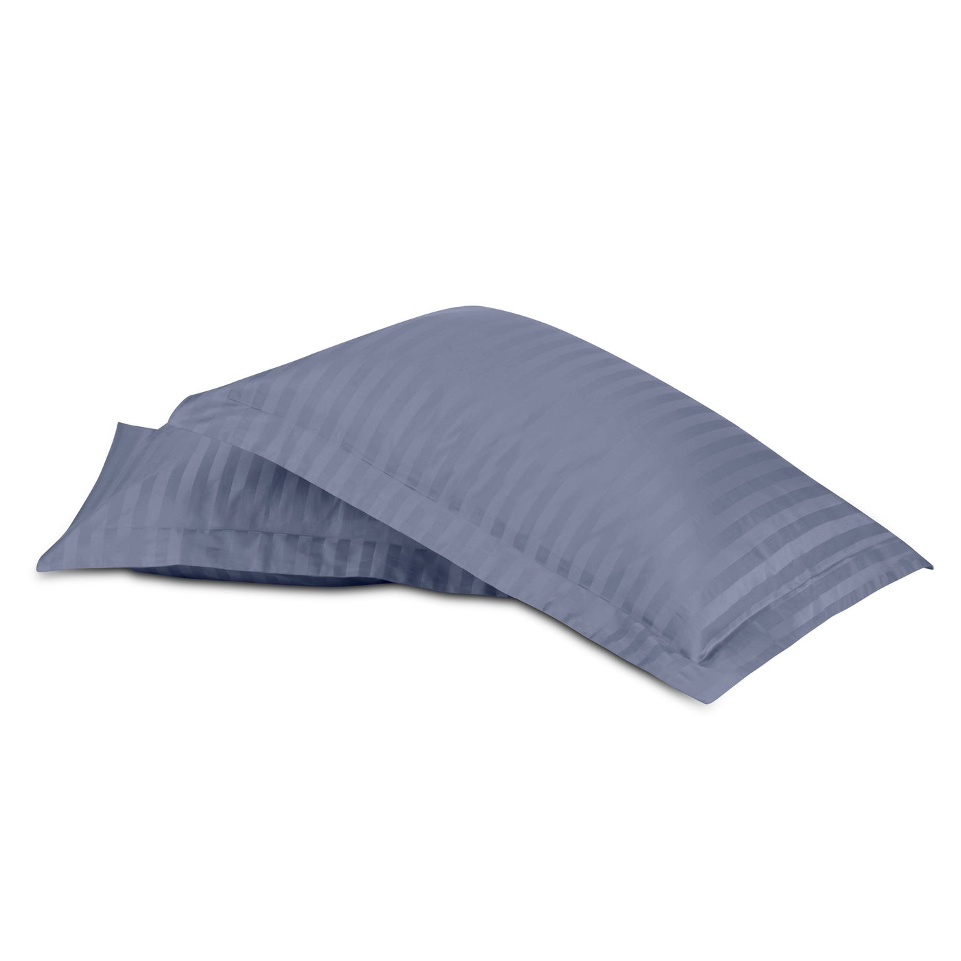 Two slate blue cotton pillowcases with tonal satin stripes, stacked at an angle.
