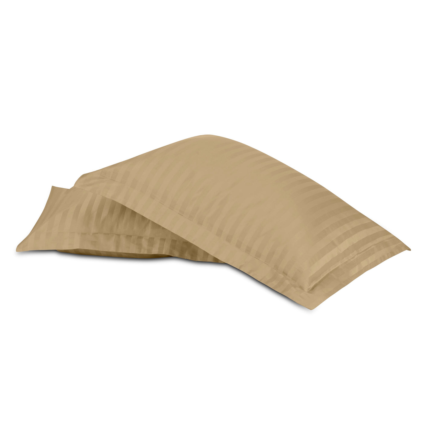 Close-up of two champagne satin-stripe pillowcases stacked at an angle.