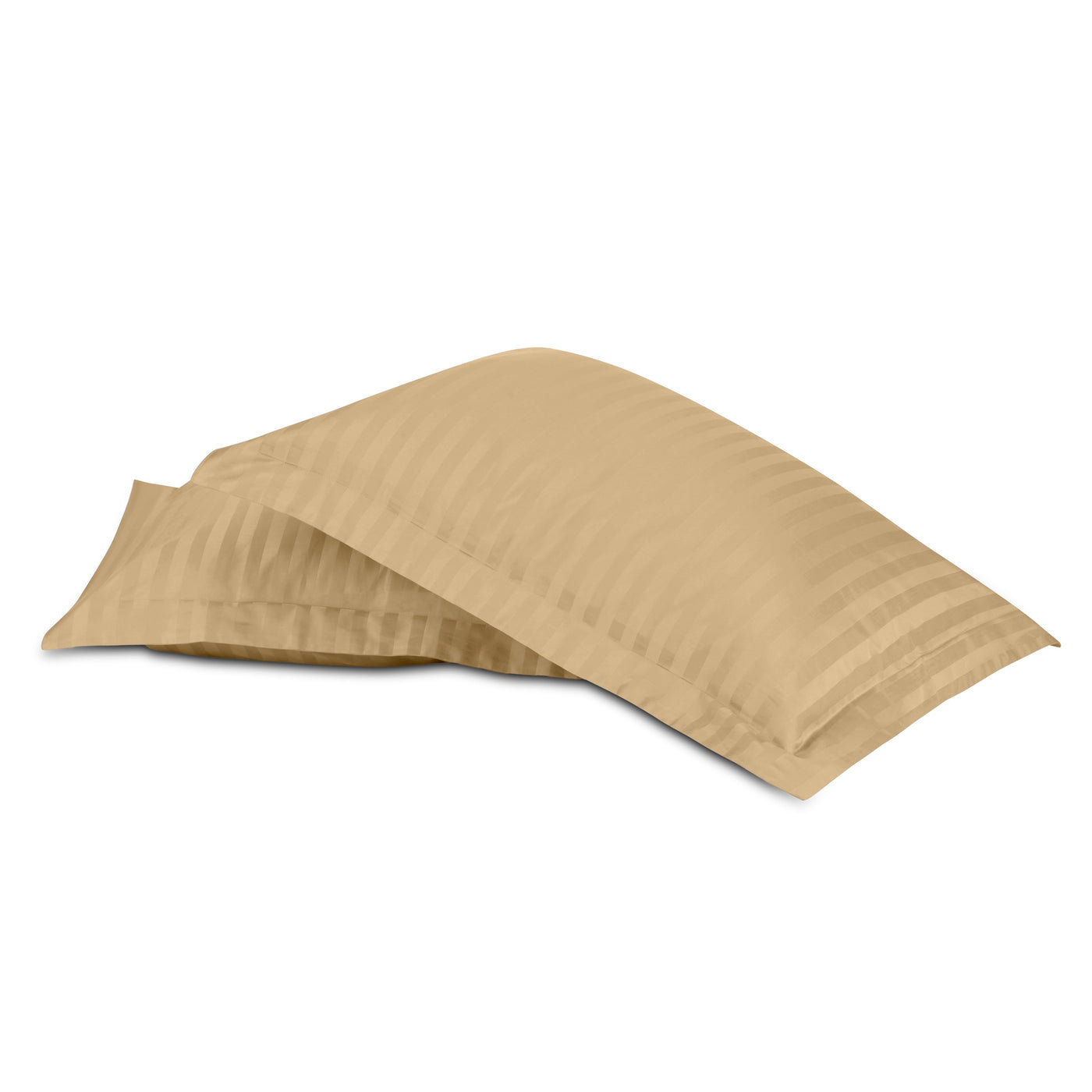 Champagne cotton pillowcases with tonal satin stripes, stacked at an angle.