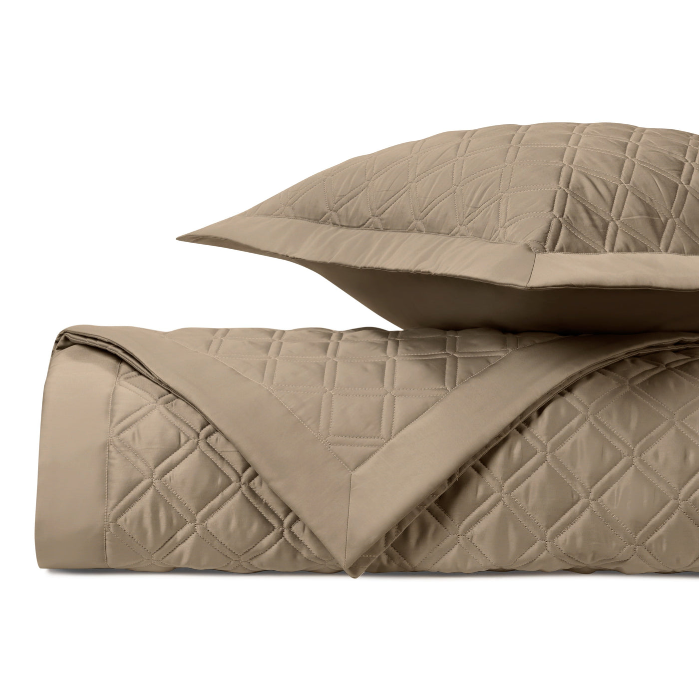 Close-up of Renaissance quilted satin in khaki with diamond stitching pattern.