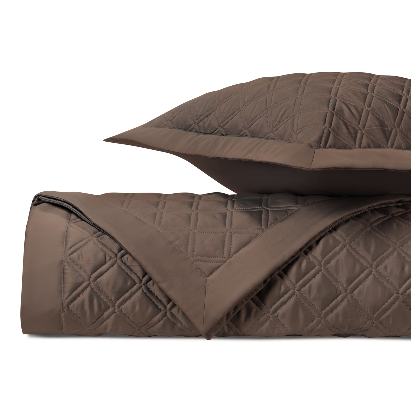 Close-up of Home Treasures Renaissance quilted coverlet in mocha with diamond stitching.