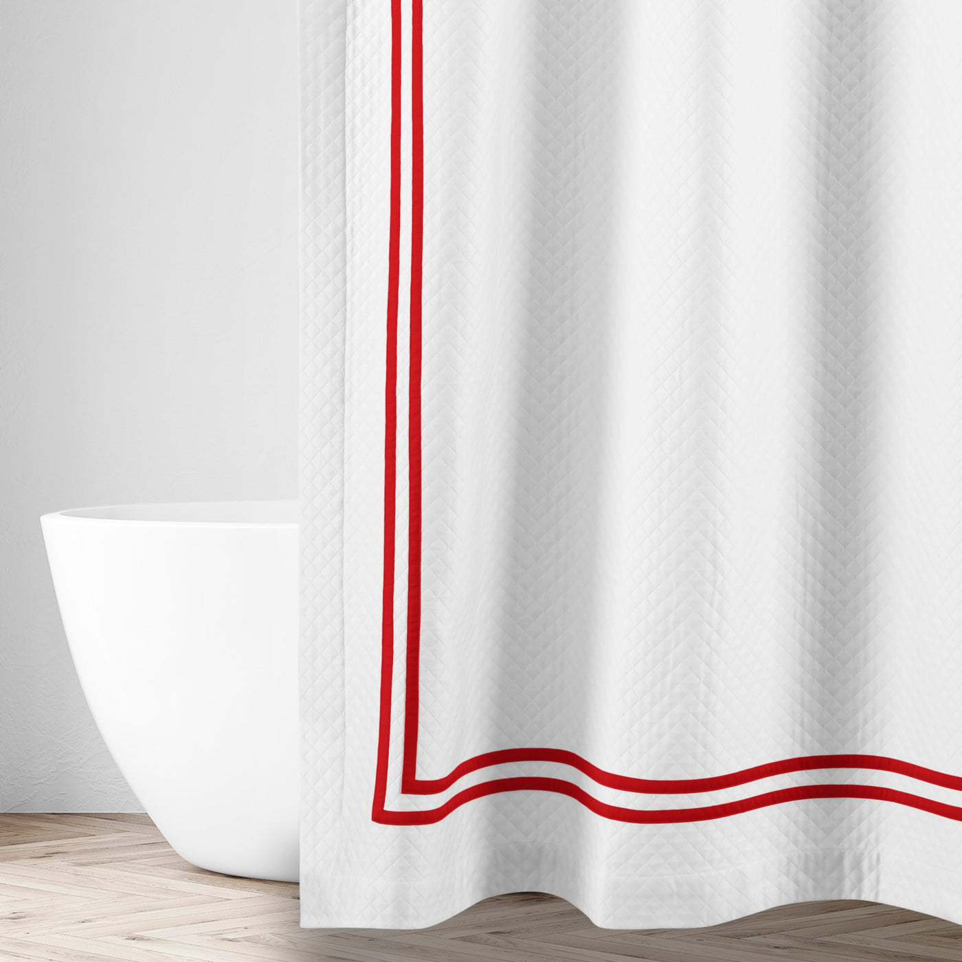 Home Treasures Ribbons shower curtain in white with double crimson border detail.