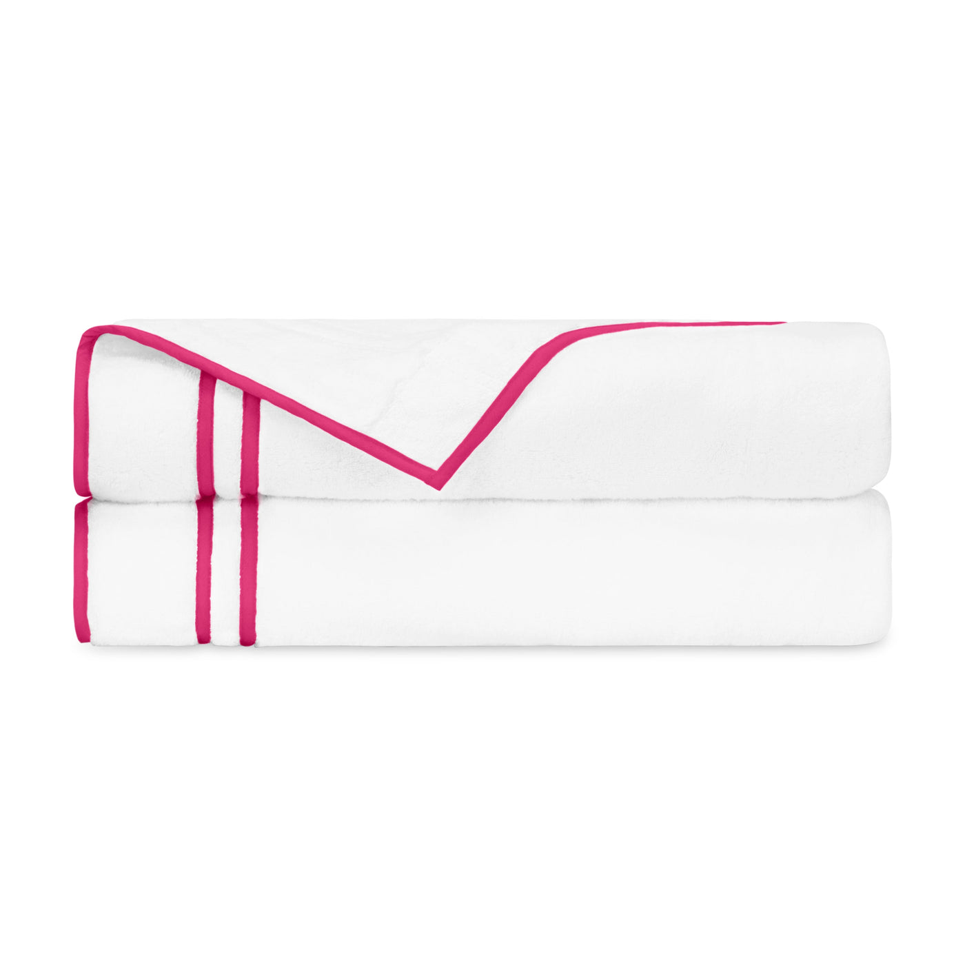 White cotton flat sheets folded with bold fuchsia ribbon border trim detail.