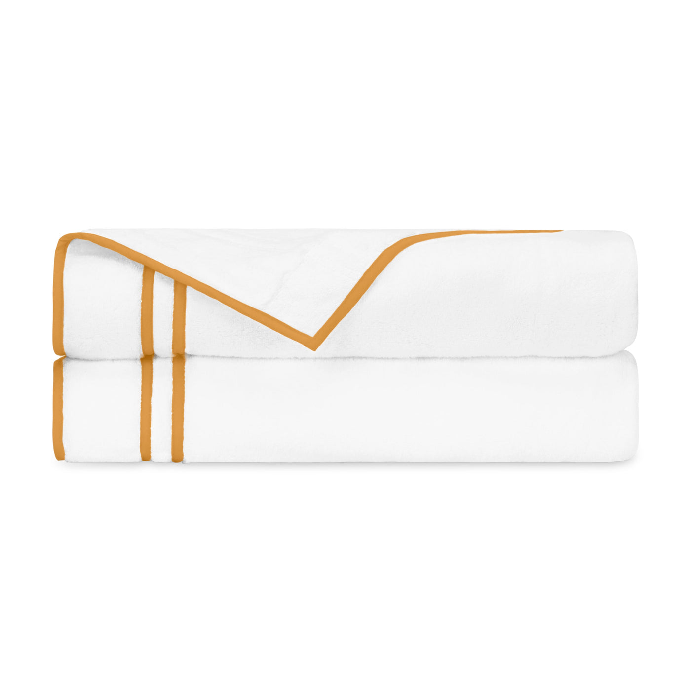 White cotton flat sheets folded with saffron embroidered ribbon trim detail.