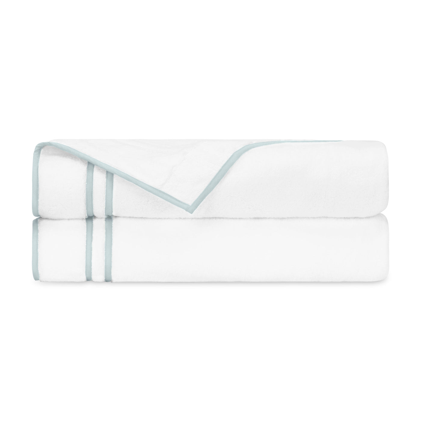 Two folded white cotton sheets with double seafoam satin-stitch border trim.