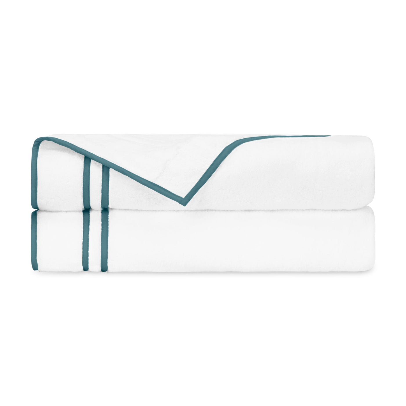 White cotton flat sheets folded with teal double-ribbon border trim detail.