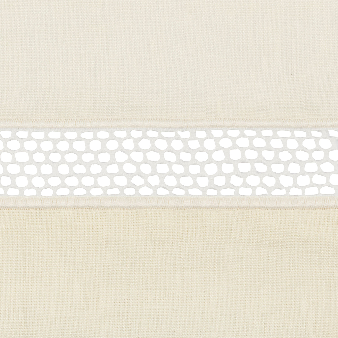 Close-up of ivory linen weave with white honeycomb lace trim band detail.