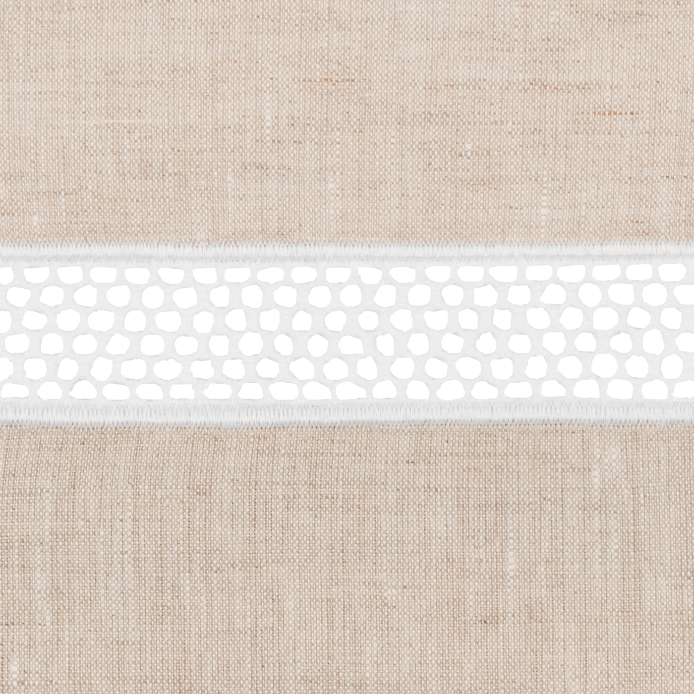 Close-up of natural linen weave with white eyelet lace trim detail.
