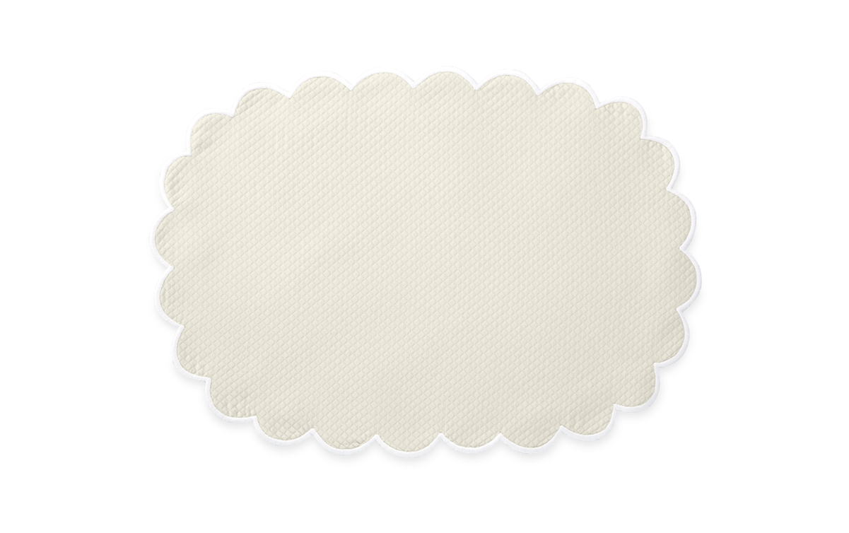 The Savannah Gardens Placemat Set by Matouk features a cream-colored, oval design with signature diamond pique texture and scalloped edges, displayed on a plain white background.