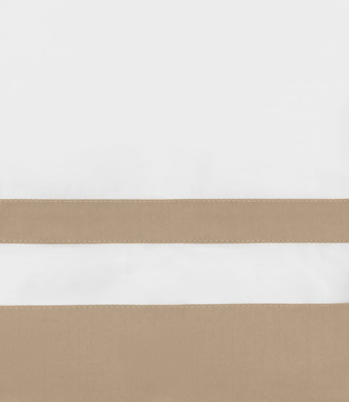 Close-up of white cotton pillowcase with wide taupe border and contrast topstitching detail.