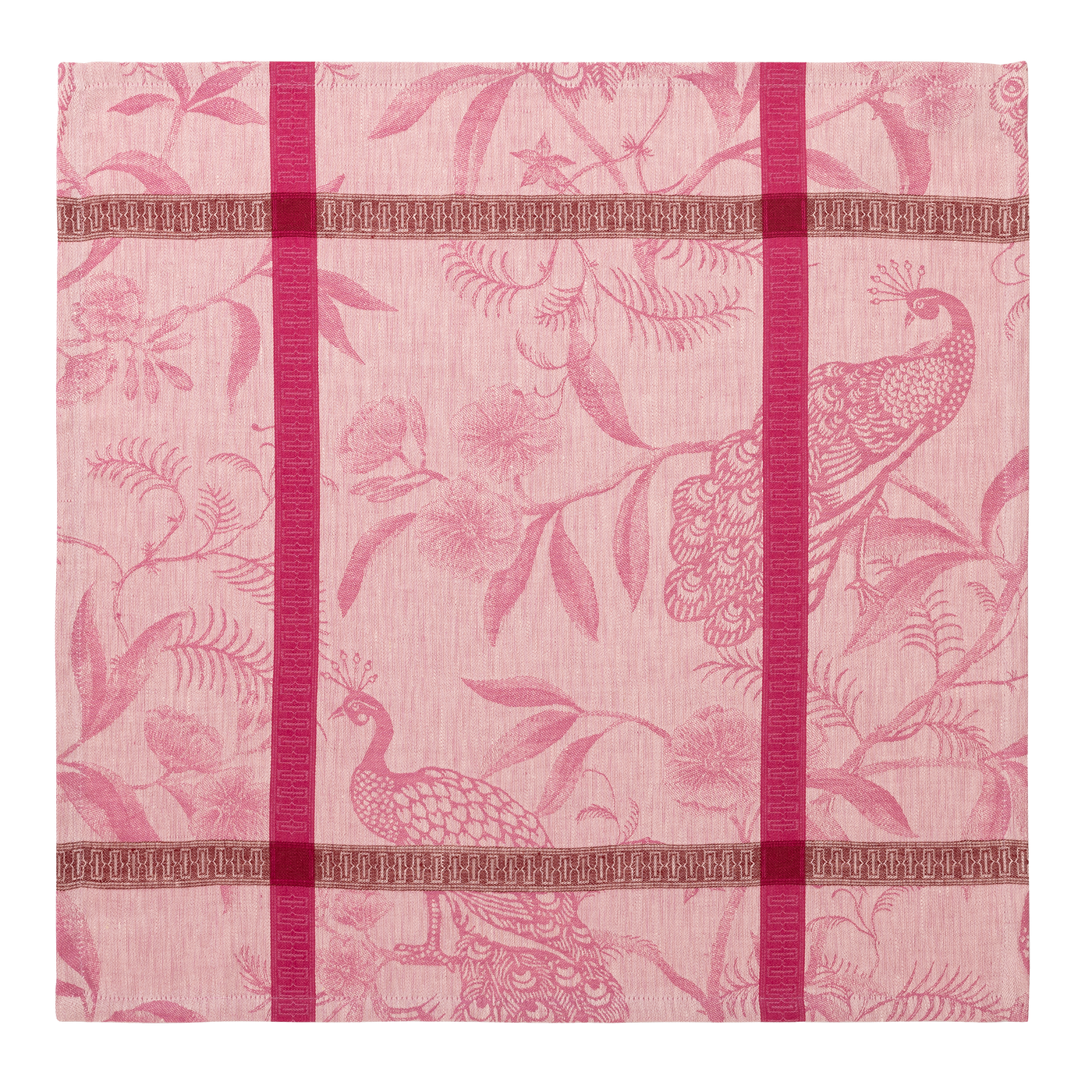 Le Jacquard Français À L'Orangerie rose jacquard napkin with peacock and floral motif.