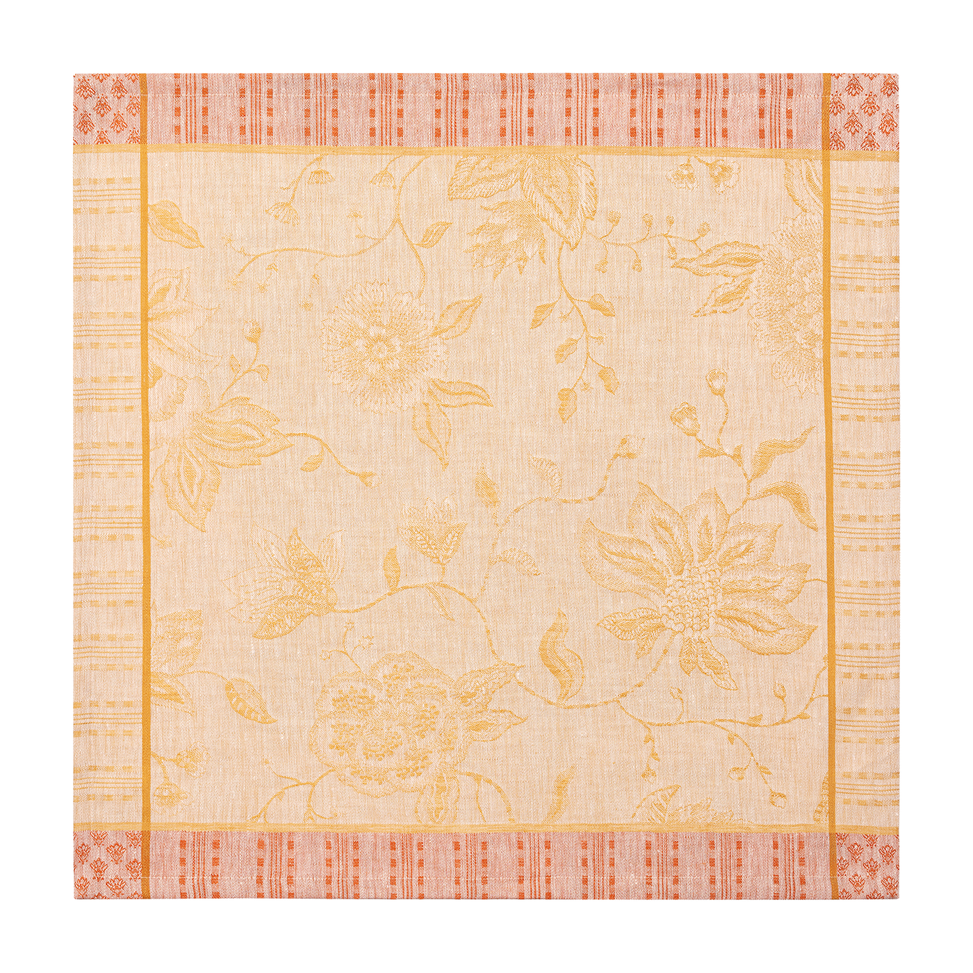 Le Jacquard Français Été Indien ivory linen napkin with gold floral jacquard and coral border.