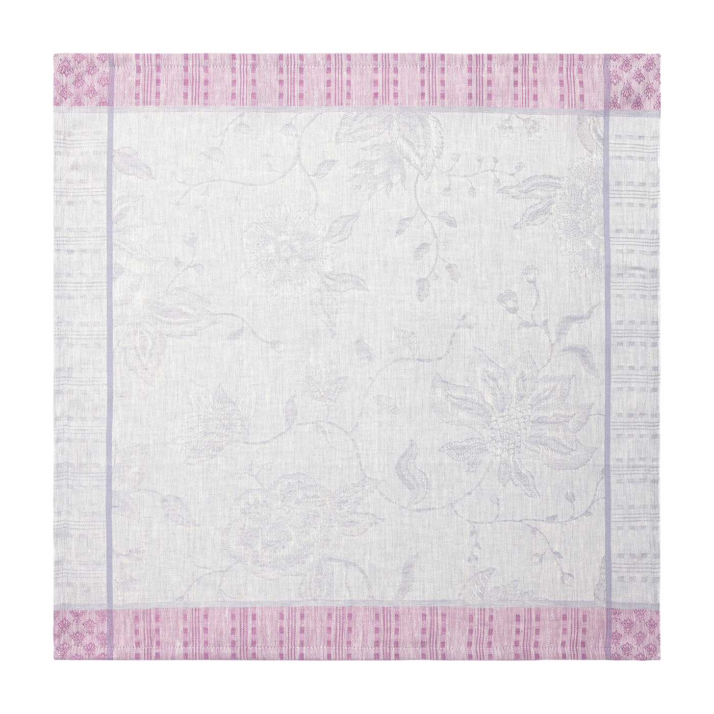 Close-up of linen napkin with tonal floral jacquard center and rose-bordered geometric stripe edge.