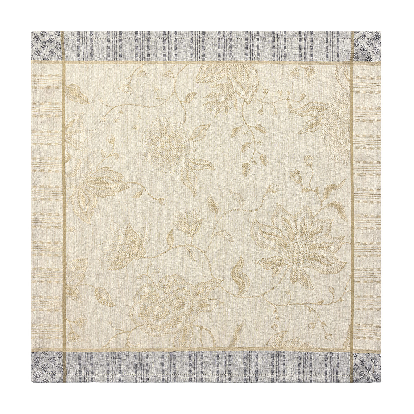 Ivory jacquard napkin with champagne floral motif and grey geometric border trim.