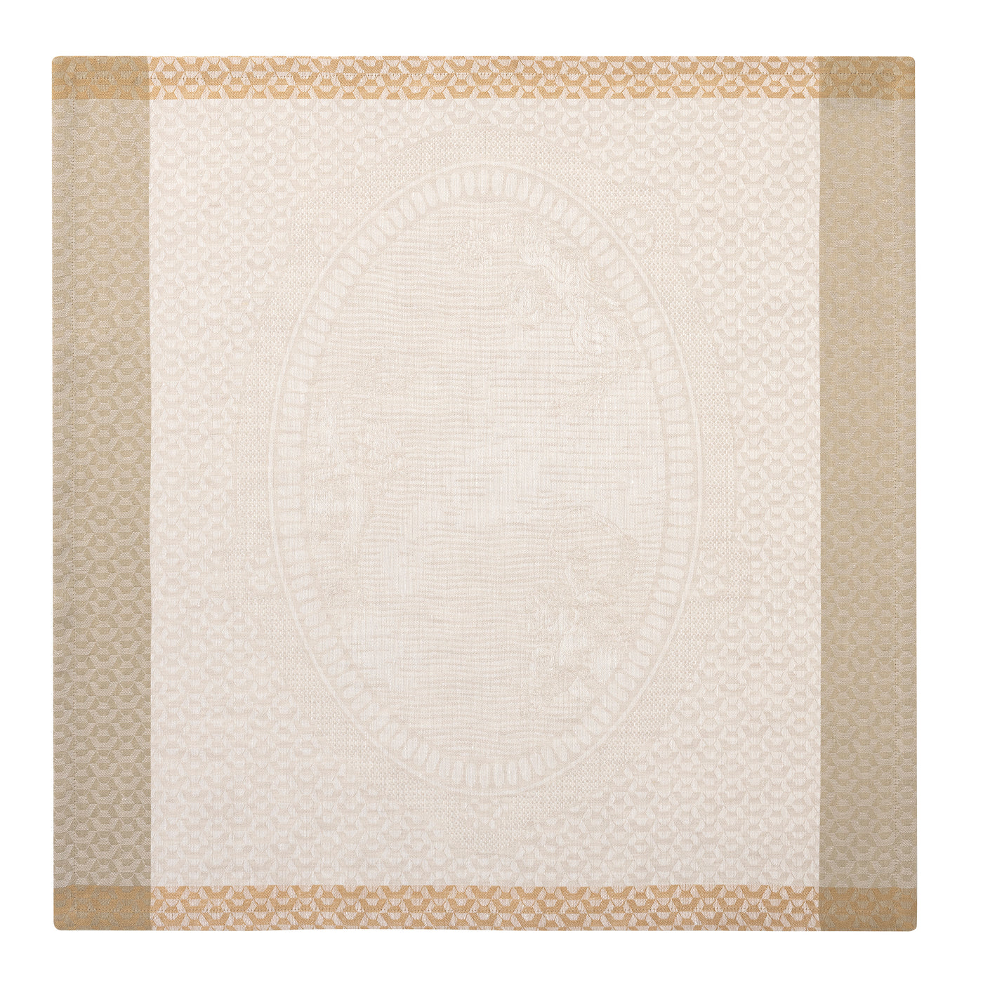 Close-up of ivory jacquard napkin with champagne border and woven oval medallion center.