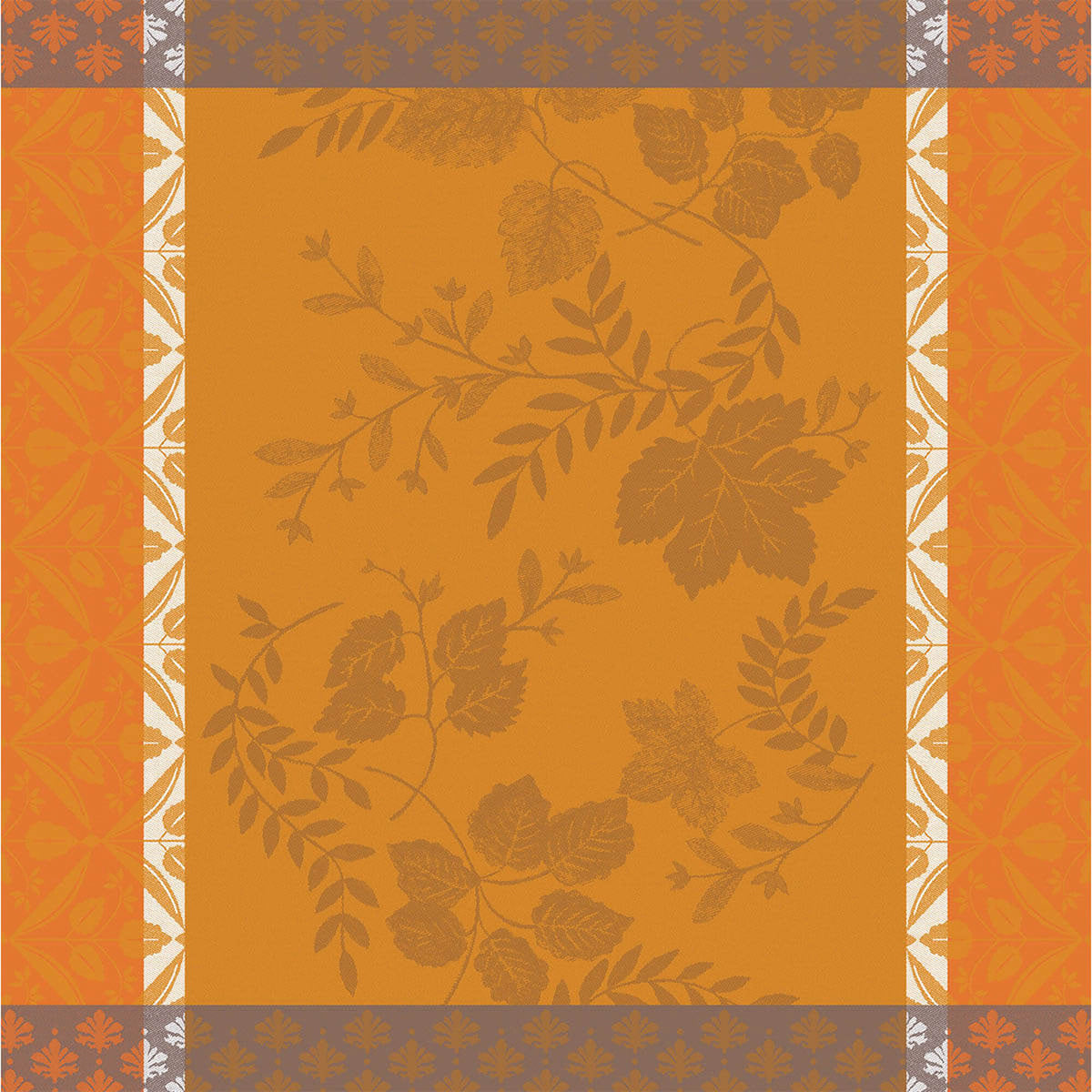 Le Jacquard Français Manor Lane dinner napkin in Orange, jacquard-woven leaf motif with decorative border.