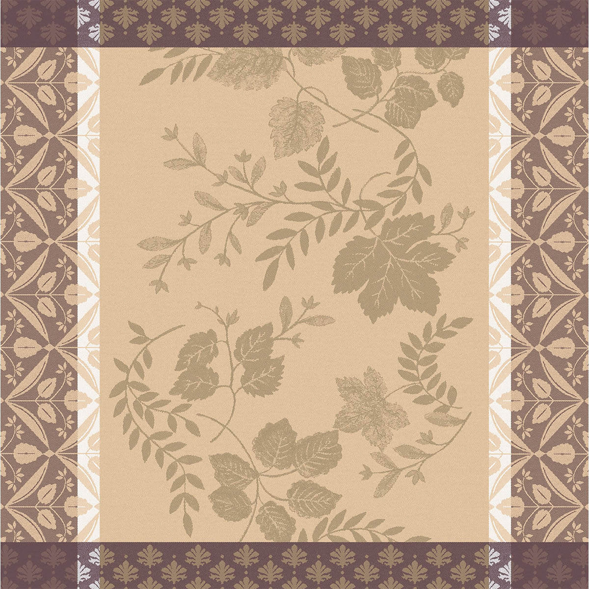 Le Jacquard Français Manor Lane dinner napkin in Beige with jacquard leaf motif and ornate border.