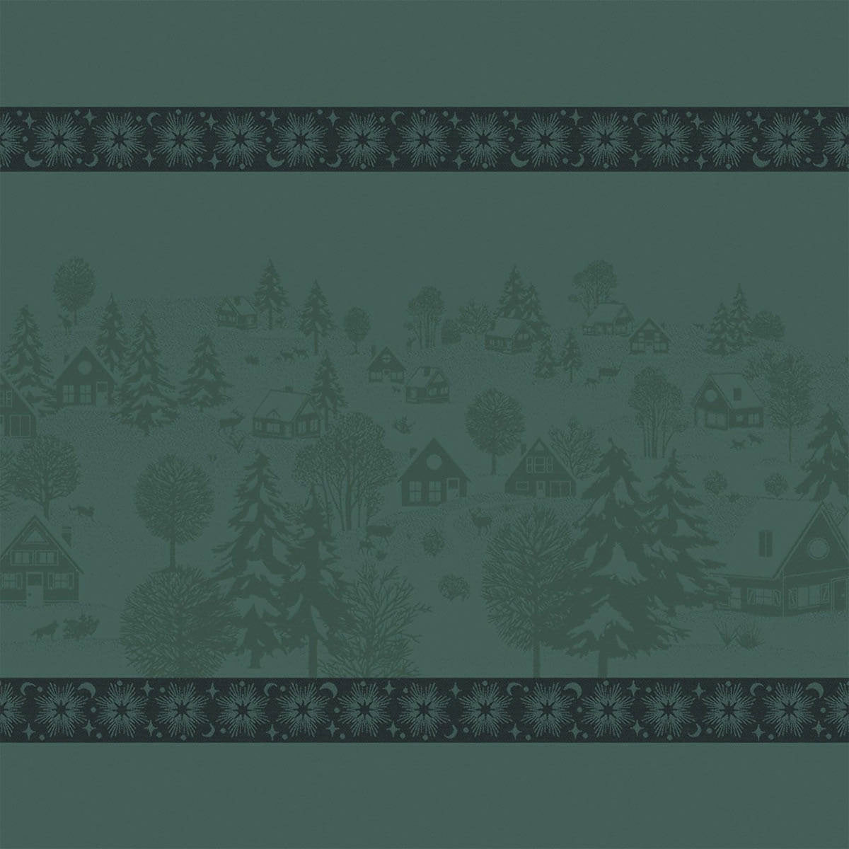 Le Jacquard Français Sous les Étoiles dinner napkin in Green, woven winter village scene with floral border.