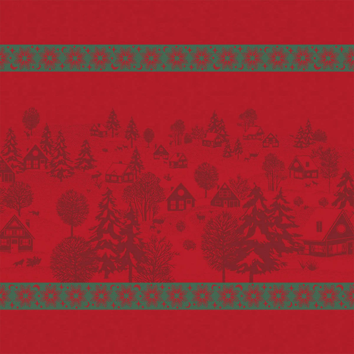 Le Jacquard Français Sous les Étoiles napkin in Red, winter village jacquard with green border trim.