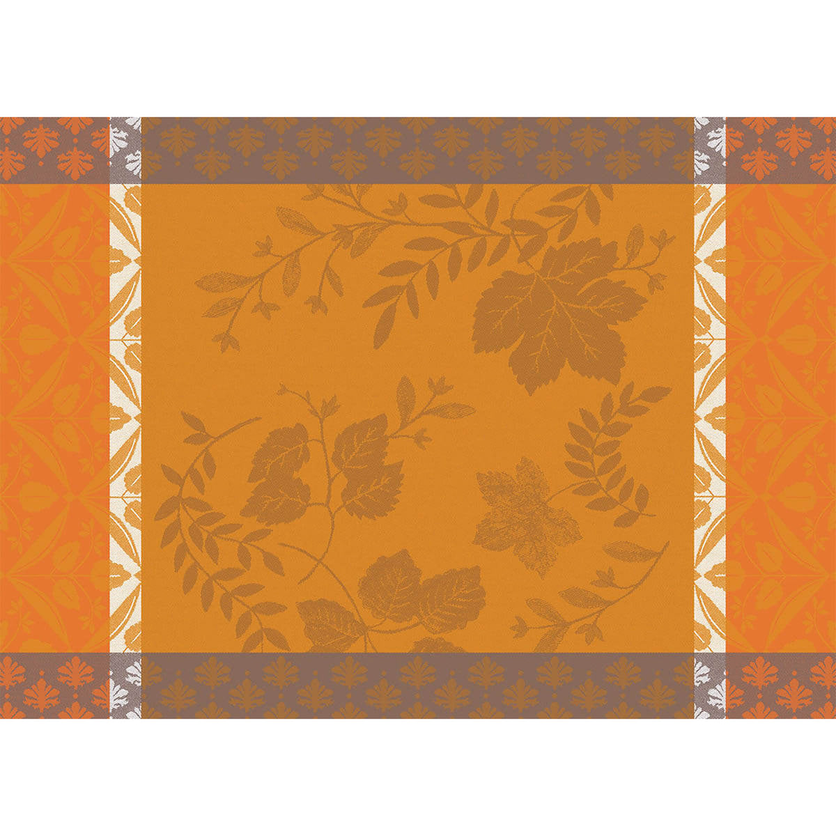 Le Jacquard Français Manor Lane placemat in Orange with woven autumn leaf jacquard pattern.
