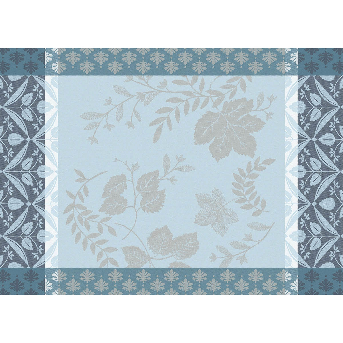 Le Jacquard Français Manor Lane placemat in Blue, jacquard-woven botanical leaf motif with ornate border.