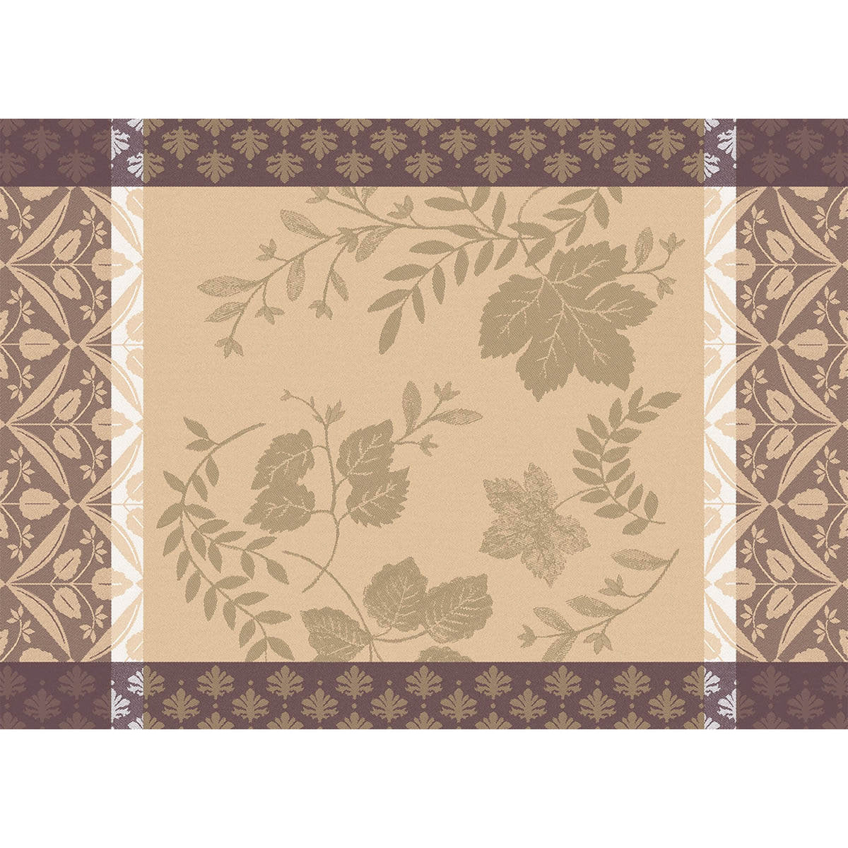 Le Jacquard Français Manor Lane placemat, Beige with botanical leaf jacquard and plum border.
