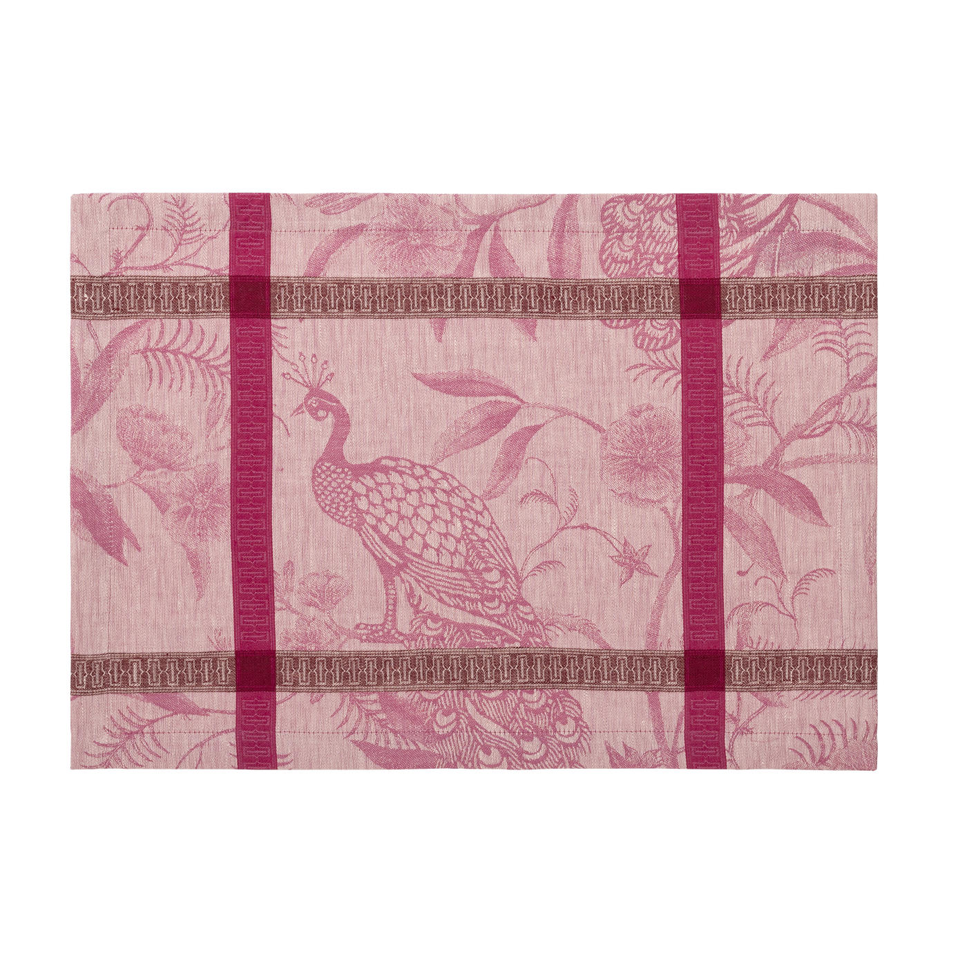Le Jacquard Français À L'Orangerie placemat in rose with woven peacock motif.