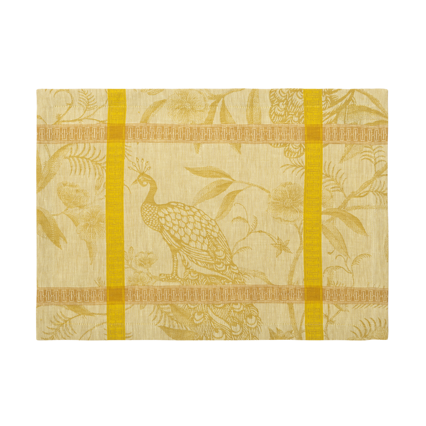 Le Jacquard Français À L'Orangerie placemat in gold with woven peacock and botanical motif.