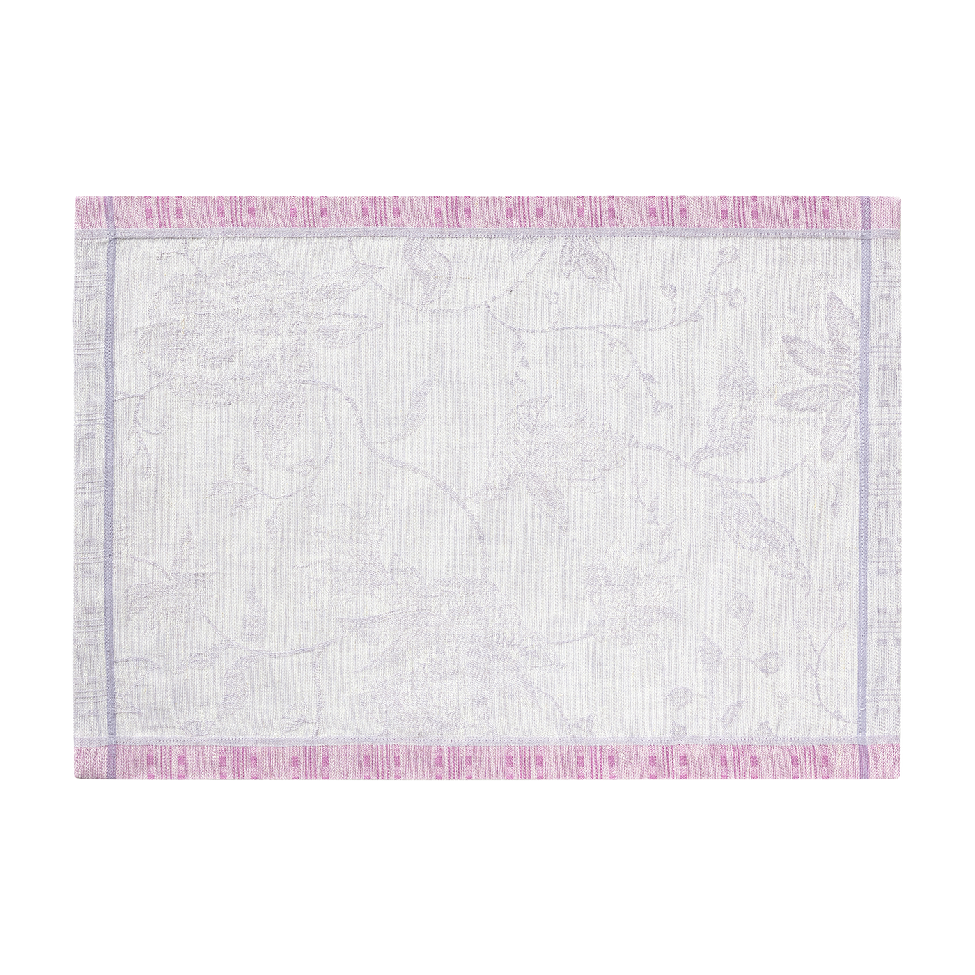 Close-up of woven floral jacquard pattern with blush and lavender striped border.